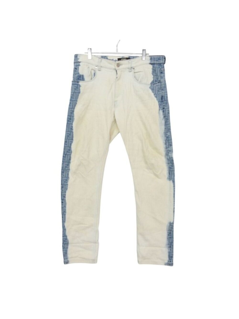 Fendi Denim Pants Zucca Pattern Bleached Jeans Blue White /34 33